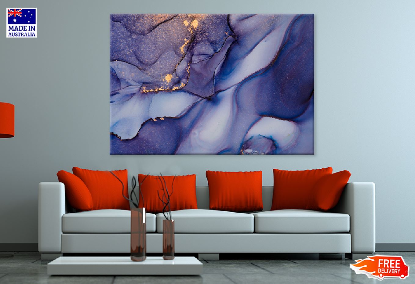 Grey Purple & Gold Fluid Abstract Design Print 100% Australian Made Stretched Canvas Ready to Hang - 1125