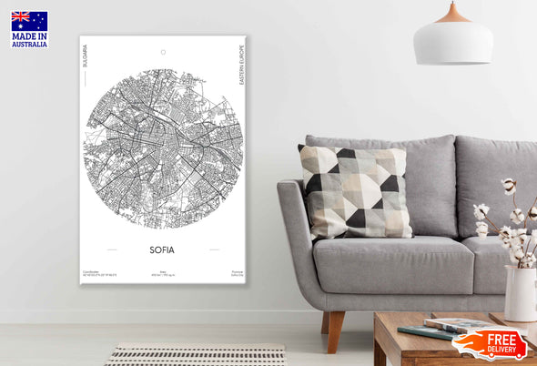 Sofia City in Bulgaria B&W Detailed Map Print 100% Australian Made Stretched Canvas Ready to Hang - 2305