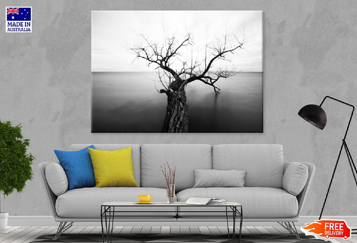 Tree with Bare Branch on Sea B&W Print 100% Australian Made Stretched Canvas Ready to Hang - 1703