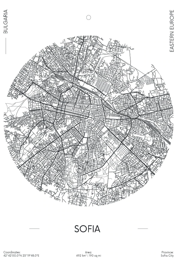 Sofia City in Bulgaria B&W Detailed Map Print 100% Australian Made Stretched Canvas Ready to Hang - 2305