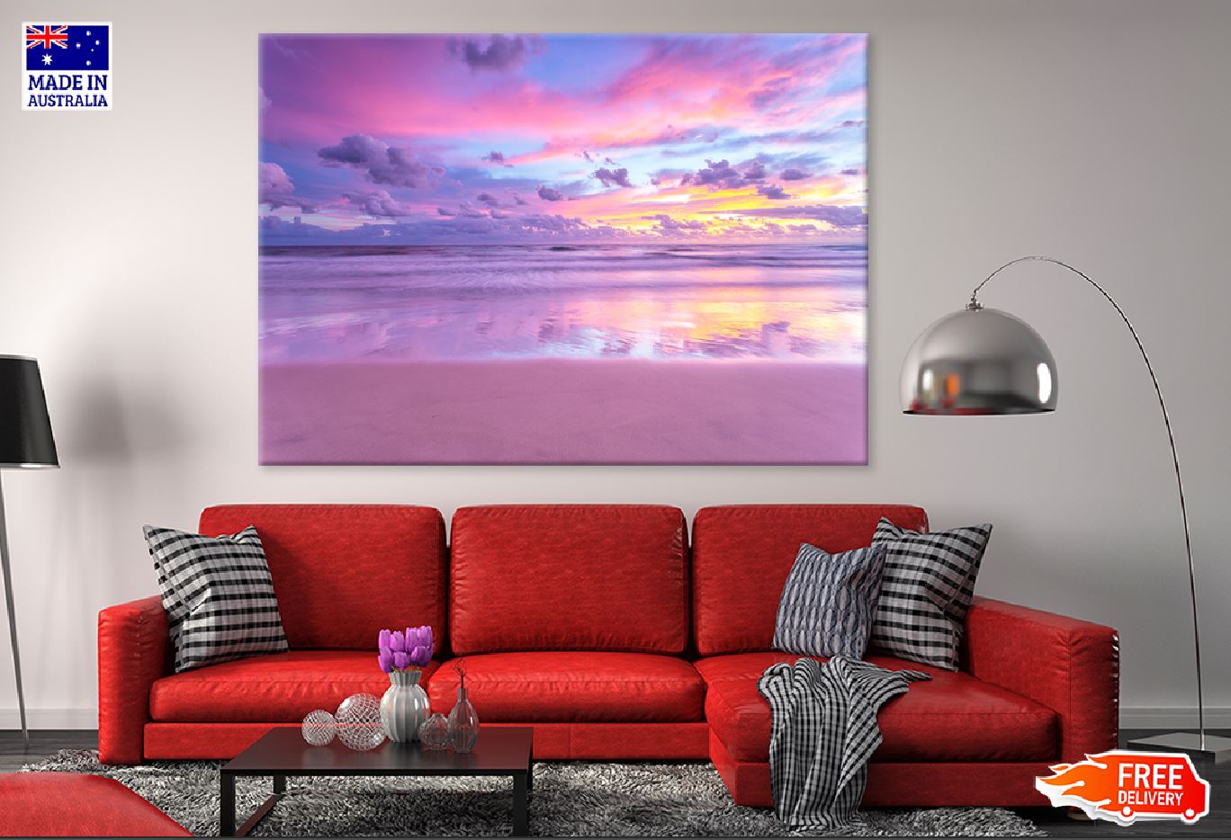 Pink Beach View Photograph Print 100% Australian Made Stretched Canvas Ready to Hang - 1373