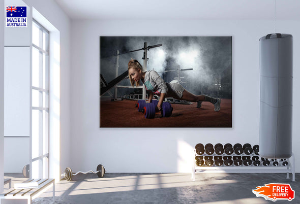 Young Girl Posing with Dumbells in Gym Print 100% Australian Made Stretched Canvas Ready to Hang - 2206