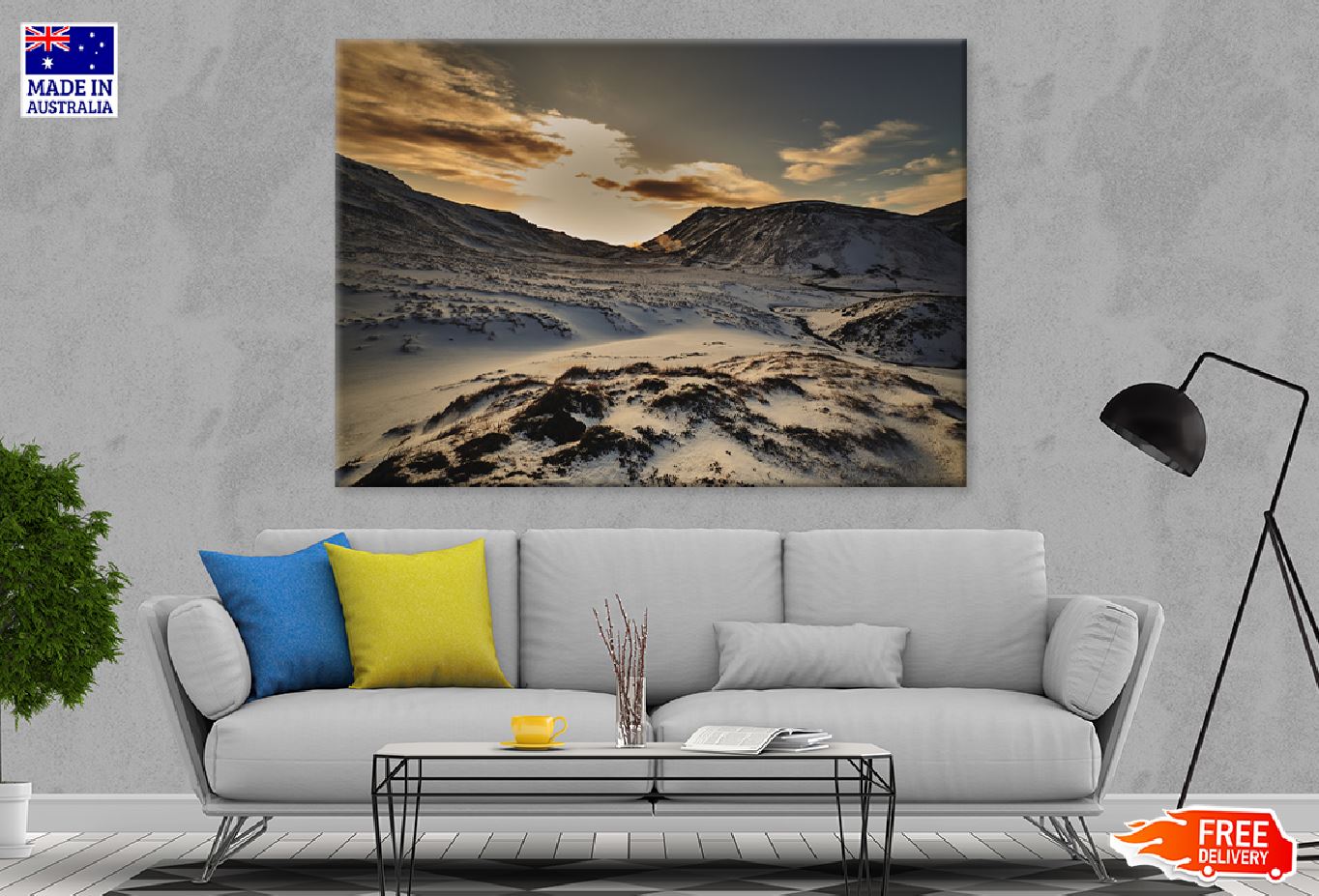 Mountains & Snow Sunset Iceland Print 100% Australian Made Stretched Canvas Ready to Hang - 1025