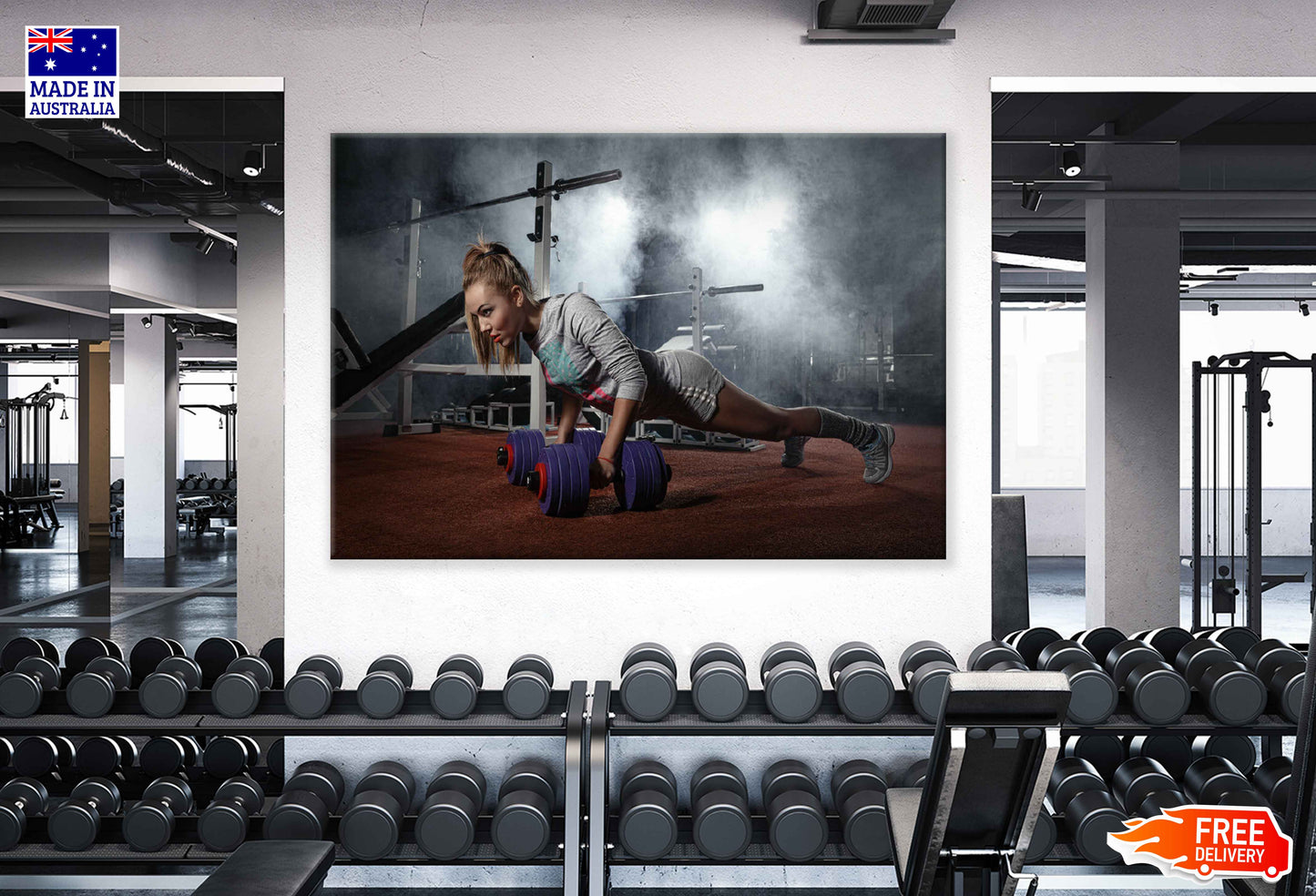 Young Girl Posing with Dumbells in Gym Print 100% Australian Made Stretched Canvas Ready to Hang - 2206