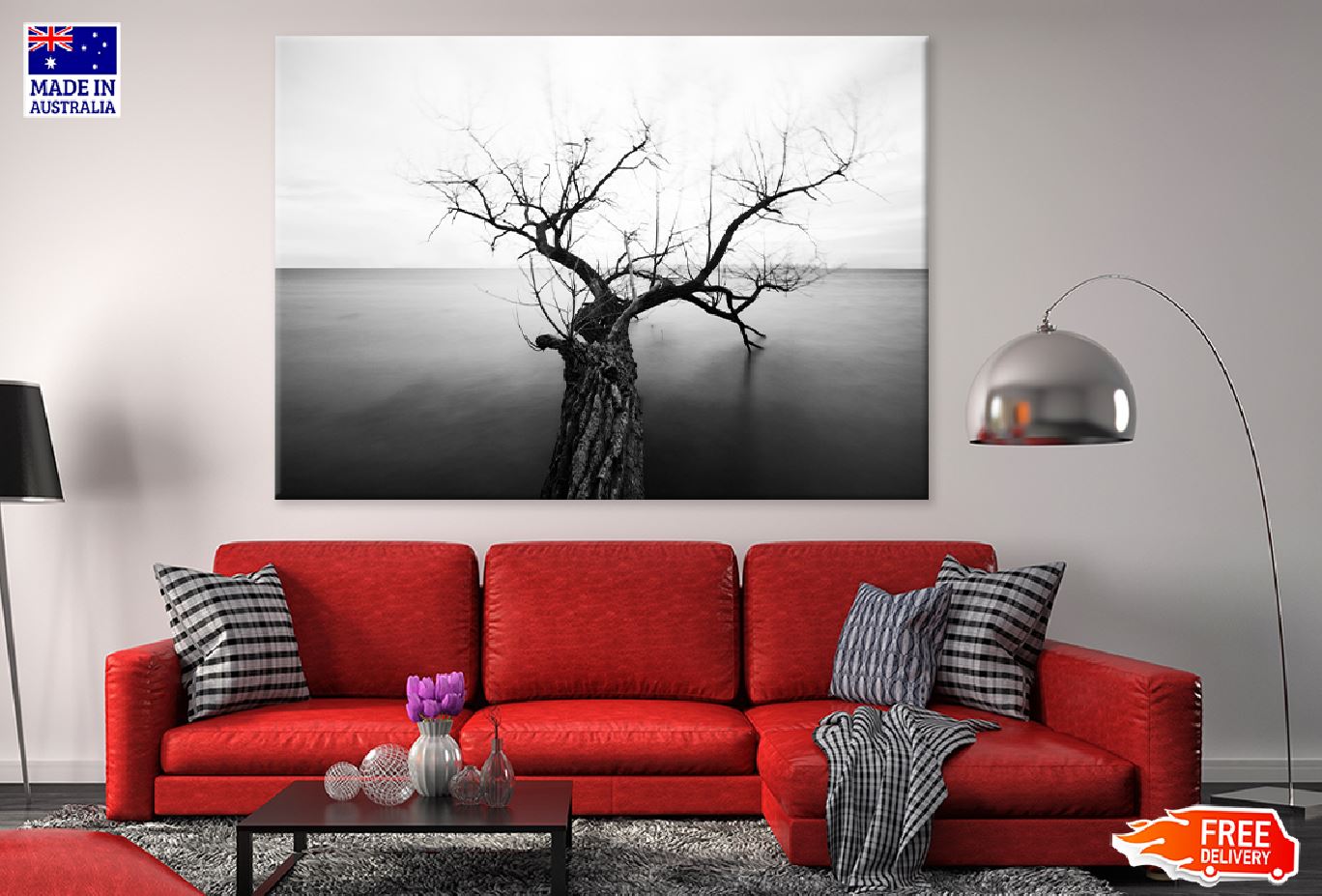 Tree with Bare Branch on Sea B&W Print 100% Australian Made Stretched Canvas Ready to Hang - 1703