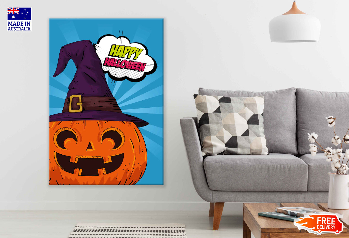 Happy Halloween Chat Bubble & Pumpkin Art Illustration Pop Arts & Comic Poster Print 100% Australian Made Stretched Canvas Ready to Hang - 2106