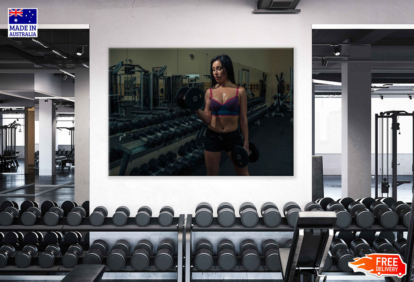 Girl Workout with Dumbells in Gym Photograph Print 100% Australian Made Stretched Canvas Ready to Hang - 2264