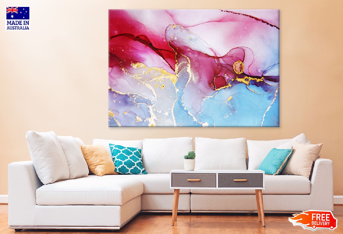 Blue Pink & Gold Fluid Abstract Design Print 100% Australian Made Stretched Canvas Ready to Hang - 1126