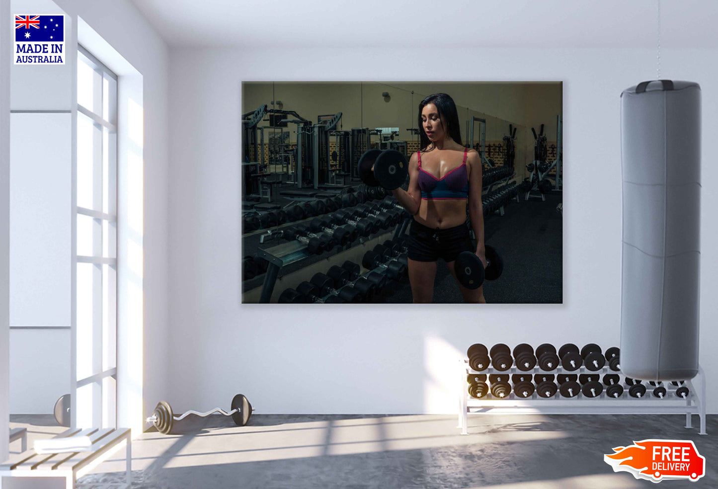 Girl Workout with Dumbells in Gym Photograph Print 100% Australian Made Stretched Canvas Ready to Hang - 2264