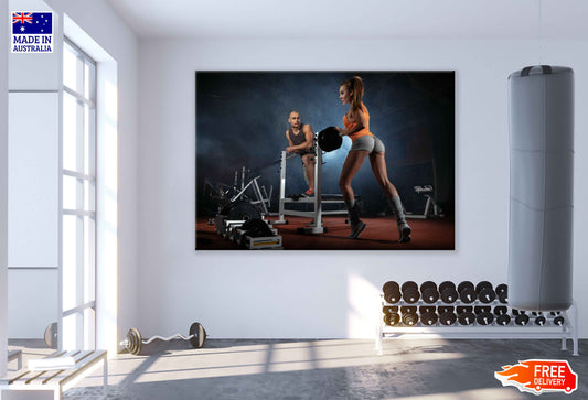 Couple Posing in Gym with Weights Print 100% Australian Made Stretched Canvas Ready to Hang - 2207