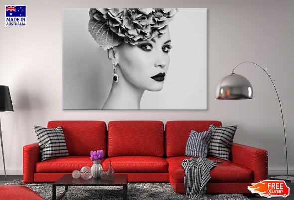 Lady with Hydrangea Headdress B&W Print 100% Australian Made Stretched Canvas Ready to Hang - 1311