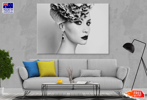 Lady with Hydrangea Headdress B&W Print 100% Australian Made Stretched Canvas Ready to Hang - 1311