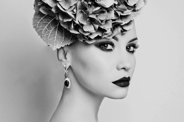 Lady with Hydrangea Headdress B&W Print 100% Australian Made Stretched Canvas Ready to Hang - 1311