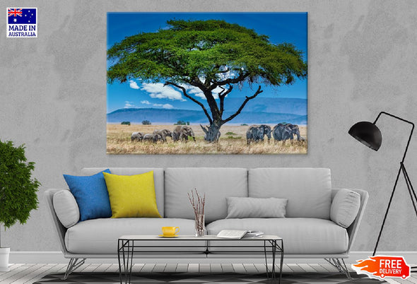 Group of Elephants Big Green Tree Print 100% Australian Made Stretched Canvas Ready to Hang - 1704