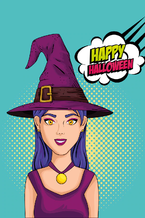 Happy Halloween Chat Bubble & Witch Illustration Pop Arts & Comic Poster Print 100% Australian Made Stretched Canvas Ready to Hang - 2108