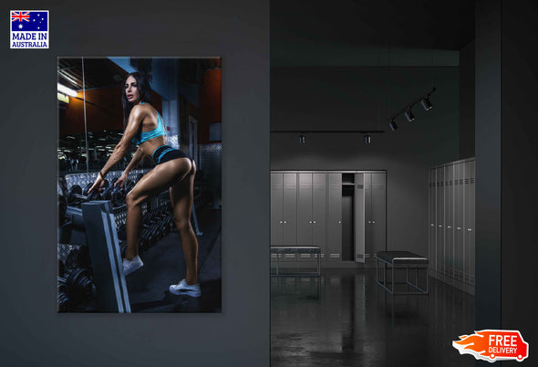 Girl & Dumbell Row in Gym Photograph Print 100% Australian Made Stretched Canvas Ready to Hang - 2265