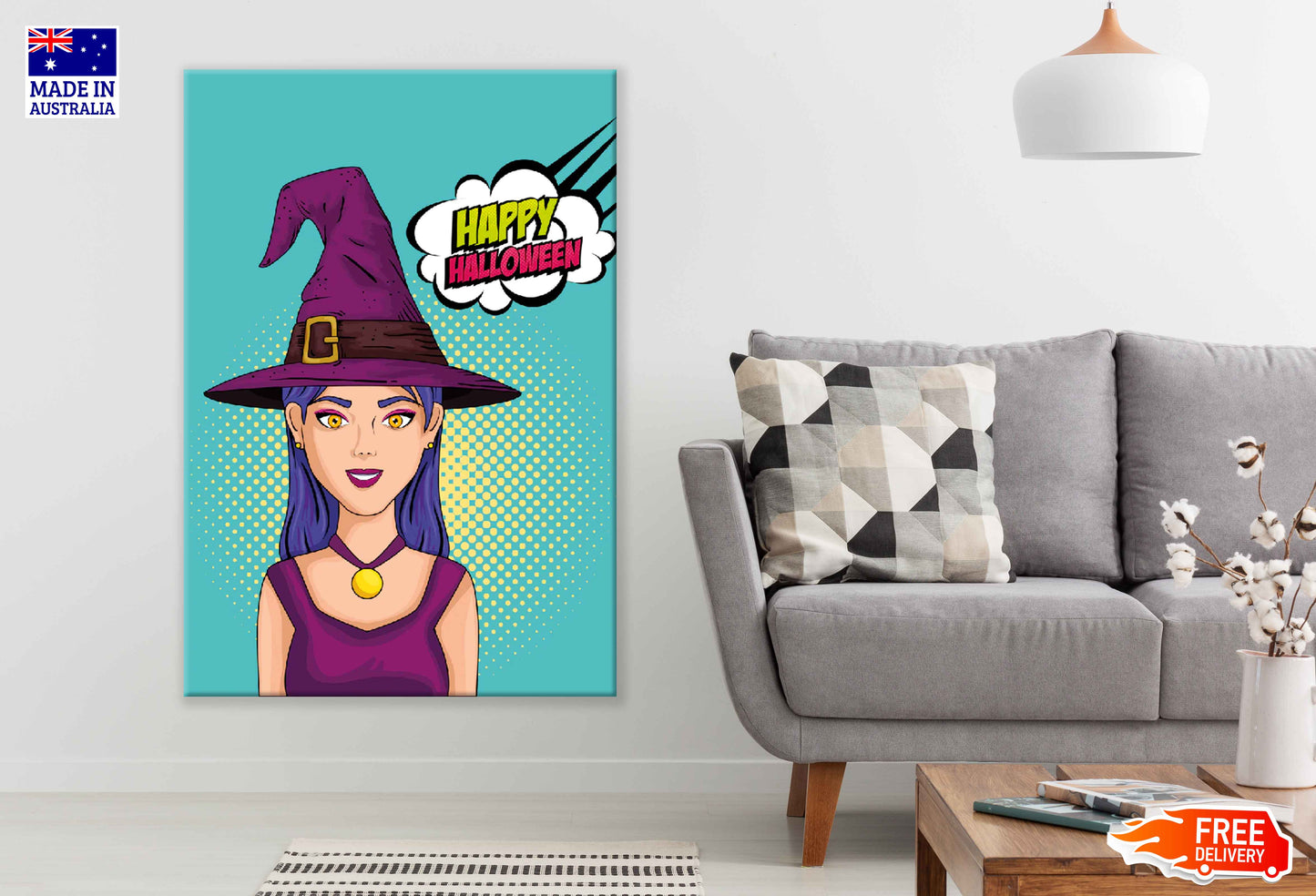 Happy Halloween Chat Bubble & Witch Illustration Pop Arts & Comic Poster Print 100% Australian Made Stretched Canvas Ready to Hang - 2108