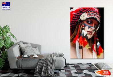 Red Indian Girl With Feather Headdress Photograph Print 100% Australian Made Stretched Canvas Ready to Hang - 1981