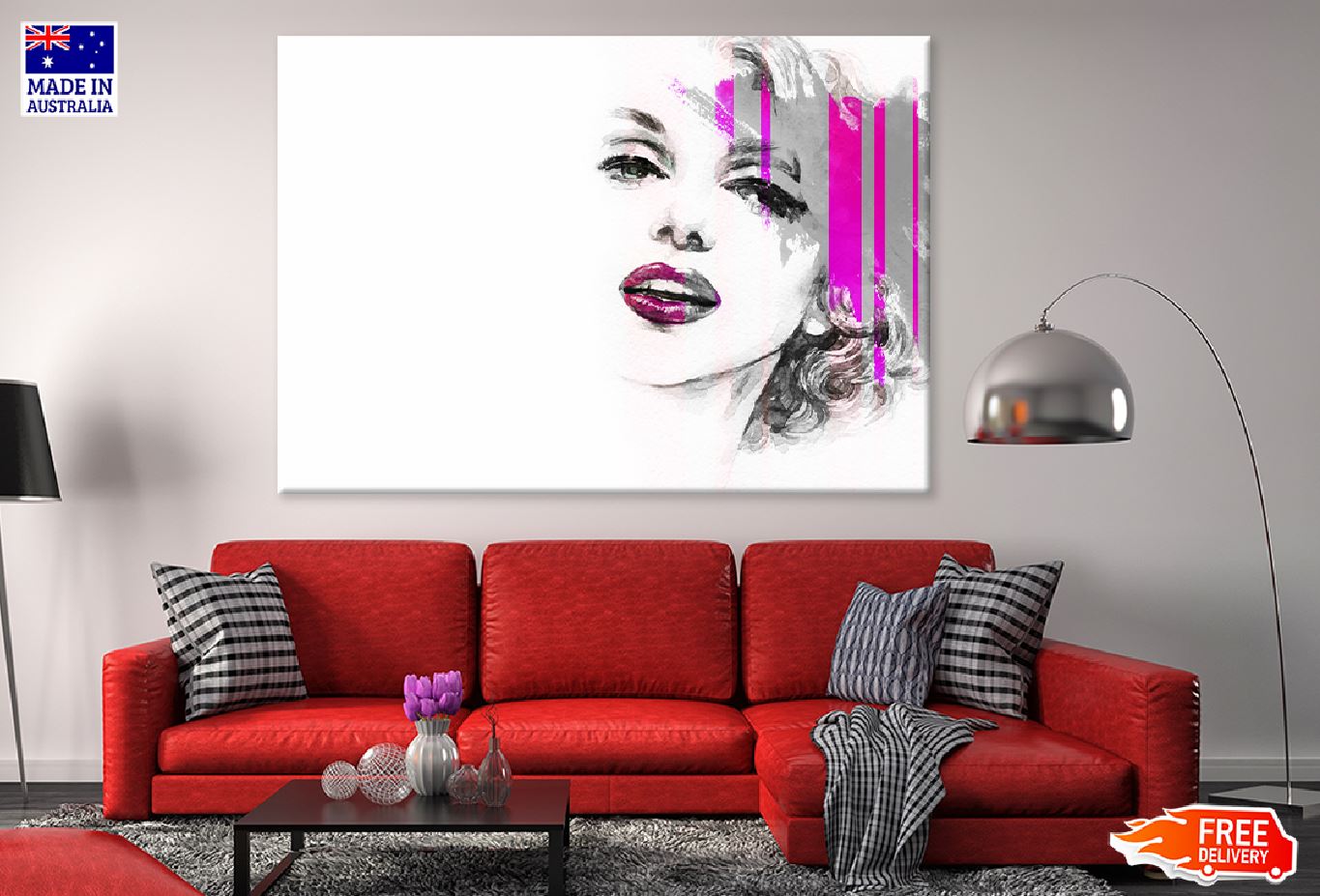 Girl with Pink Lips Watercolor Print 100% Australian Made Stretched Canvas Ready to Hang - 1312