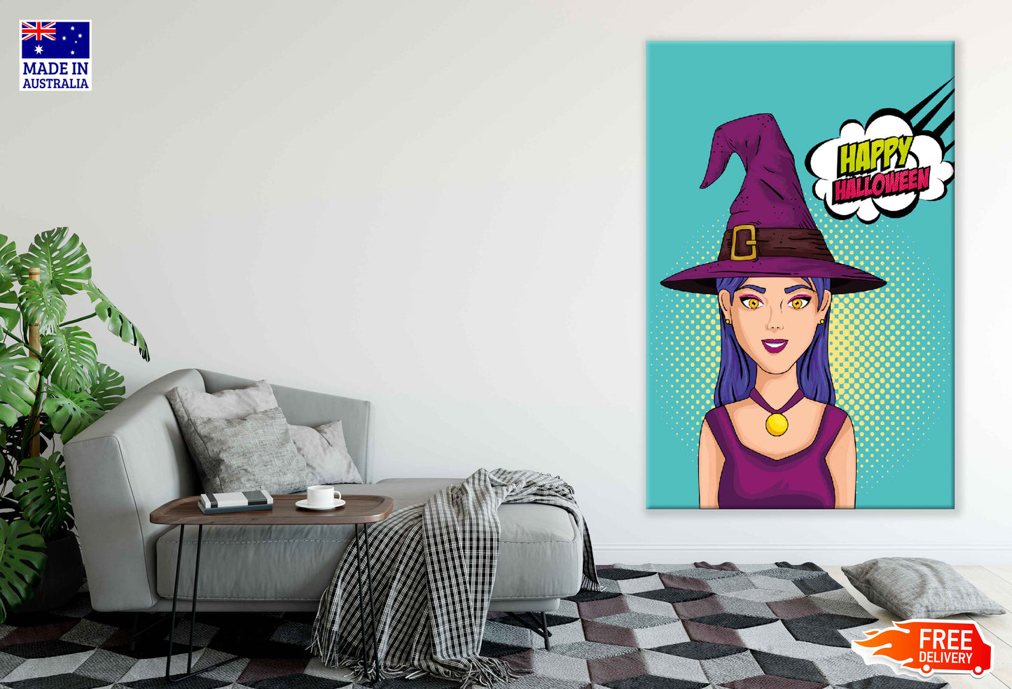 Happy Halloween Chat Bubble & Witch Illustration Pop Arts & Comic Poster Print 100% Australian Made Stretched Canvas Ready to Hang - 2108