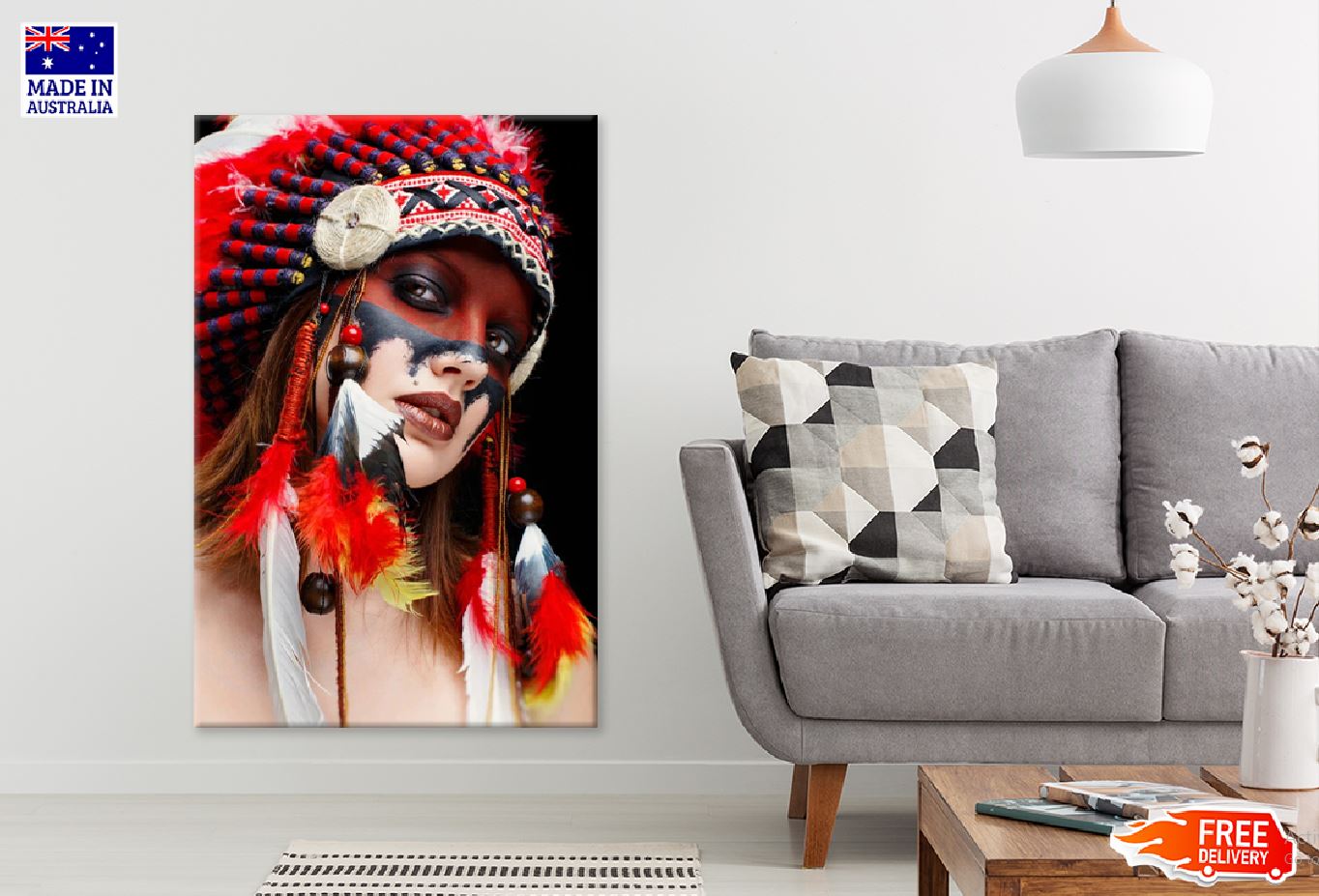 Red Indian Girl With Feather Headdress Photograph Print 100% Australian Made Stretched Canvas Ready to Hang - 1981