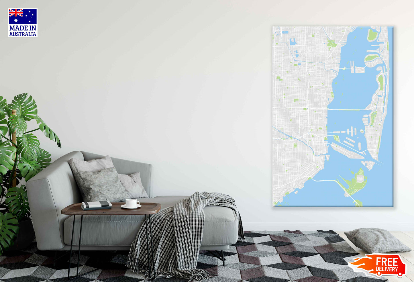 Miami City Florida Map Color Detailed Vector Print 100% Australian Made Stretched Canvas Ready to Hang - 2308