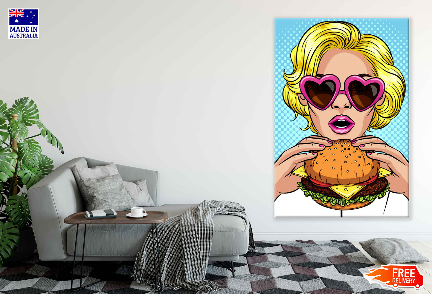 Girl with Heart Shaped Glasses Eating a Burger Illustration Pop Arts & Comic Poster Print 100% Australian Made Stretched Canvas Ready to Hang - 2181