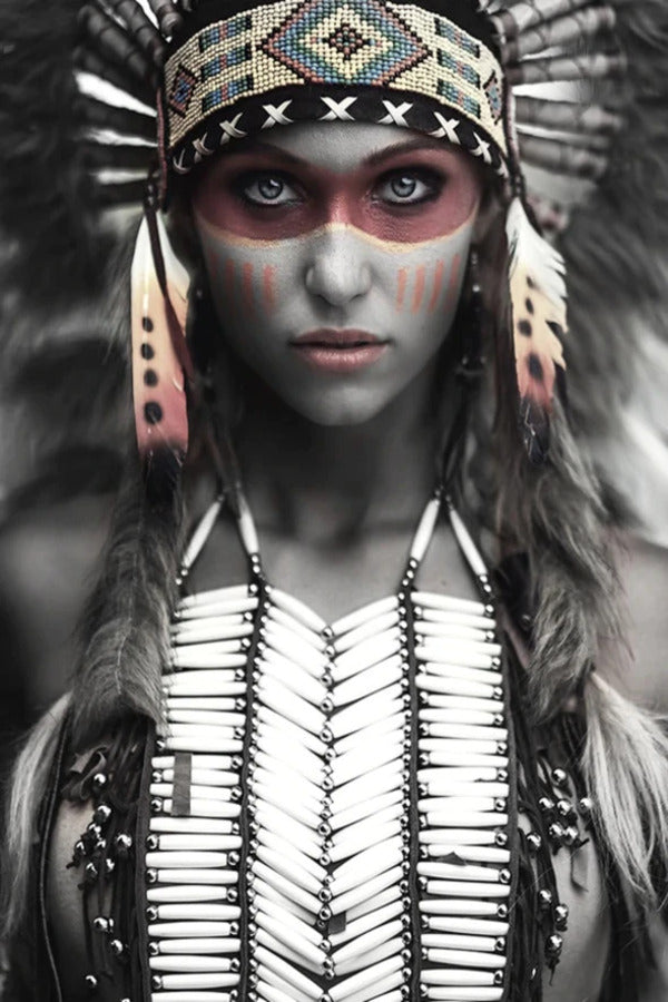 Warrior Girl with Feather Headdress B&W Portrait Print 100% Australian Made Stretched Canvas Ready to Hang - 1982