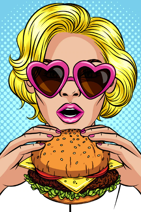 Girl with Heart Shaped Glasses Eating a Burger Illustration Pop Arts & Comic Poster Print 100% Australian Made Stretched Canvas Ready to Hang - 2181