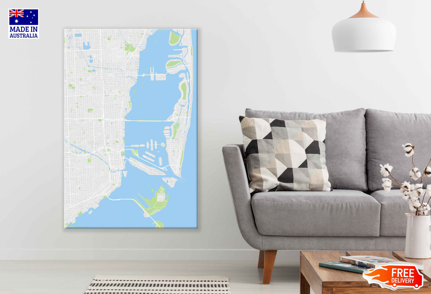 Miami City Florida Map Color Detailed Vector Print 100% Australian Made Stretched Canvas Ready to Hang - 2308