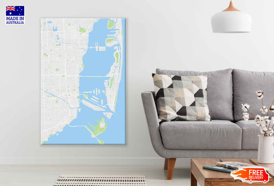 Miami City Florida Map Color Detailed Vector Print 100% Australian Made Stretched Canvas Ready to Hang - 2308