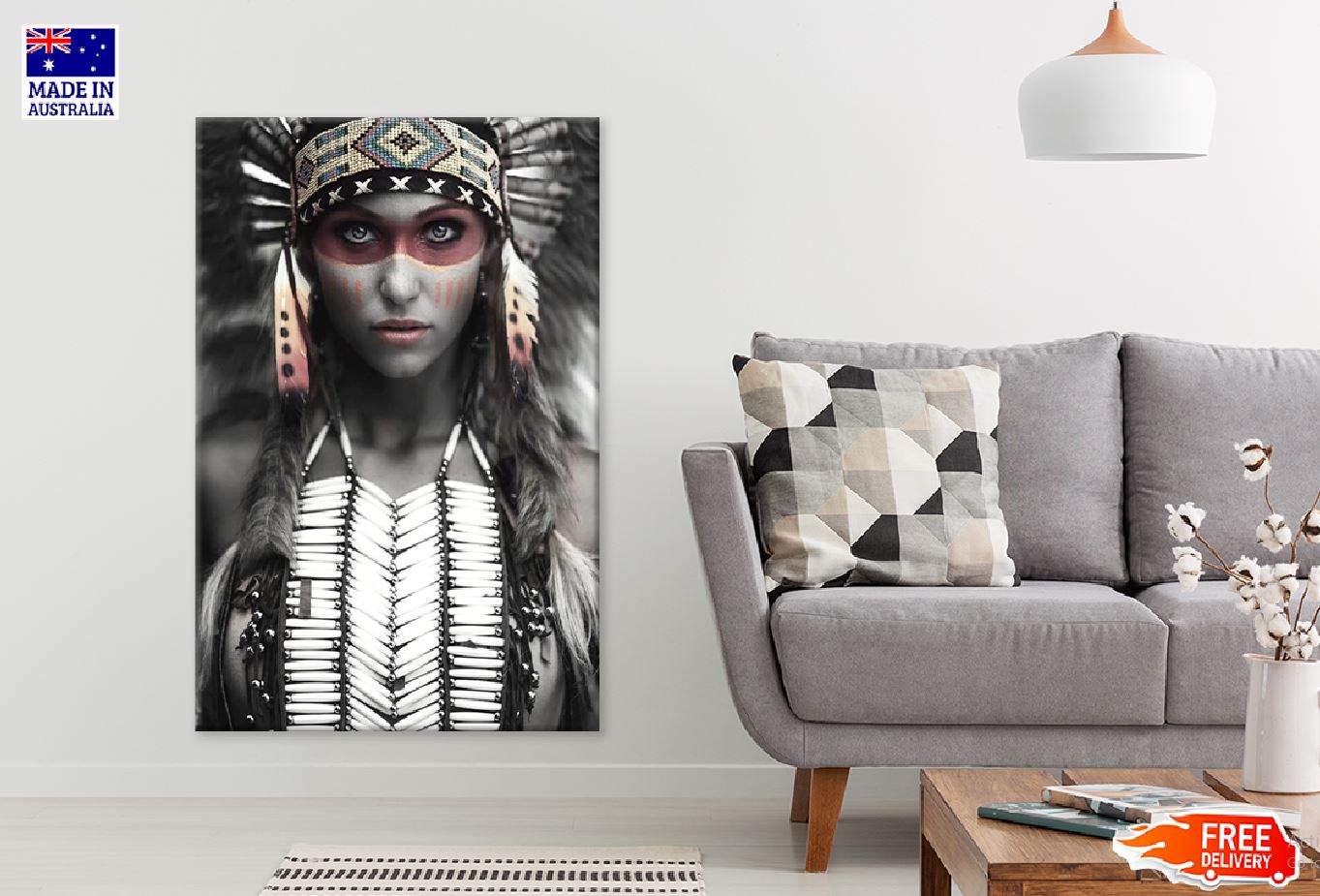 Warrior Girl with Feather Headdress B&W Portrait Print 100% Australian Made Stretched Canvas Ready to Hang - 1982