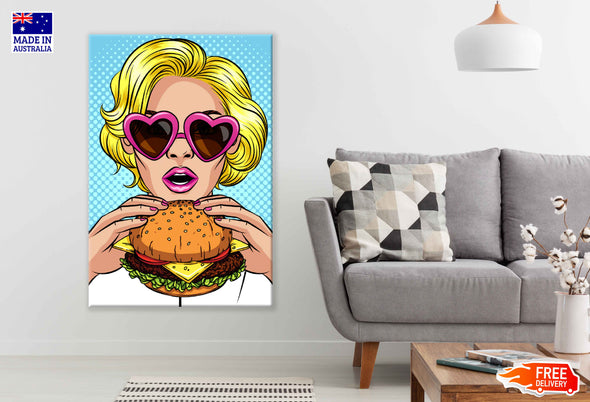 Girl with Heart Shaped Glasses Eating a Burger Illustration Pop Arts & Comic Poster Print 100% Australian Made Stretched Canvas Ready to Hang - 2181