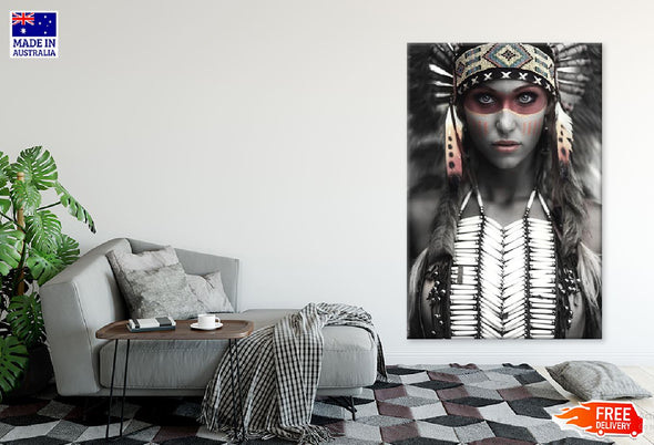 Warrior Girl with Feather Headdress B&W Portrait Print 100% Australian Made Stretched Canvas Ready to Hang - 1982