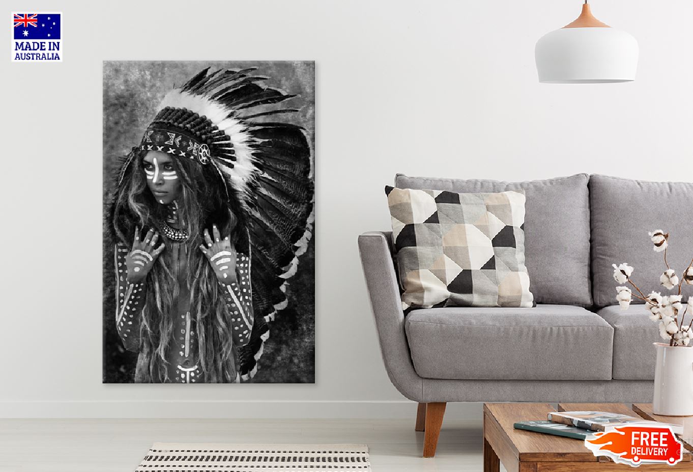 Young Indian Warrior With Feather Headdress B&W Photograph Print 100% Australian Made Stretched Canvas Ready to Hang - 1983