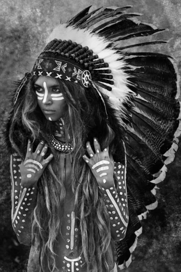 Young Indian Warrior With Feather Headdress B&W Photograph Print 100% Australian Made Stretched Canvas Ready to Hang - 1983