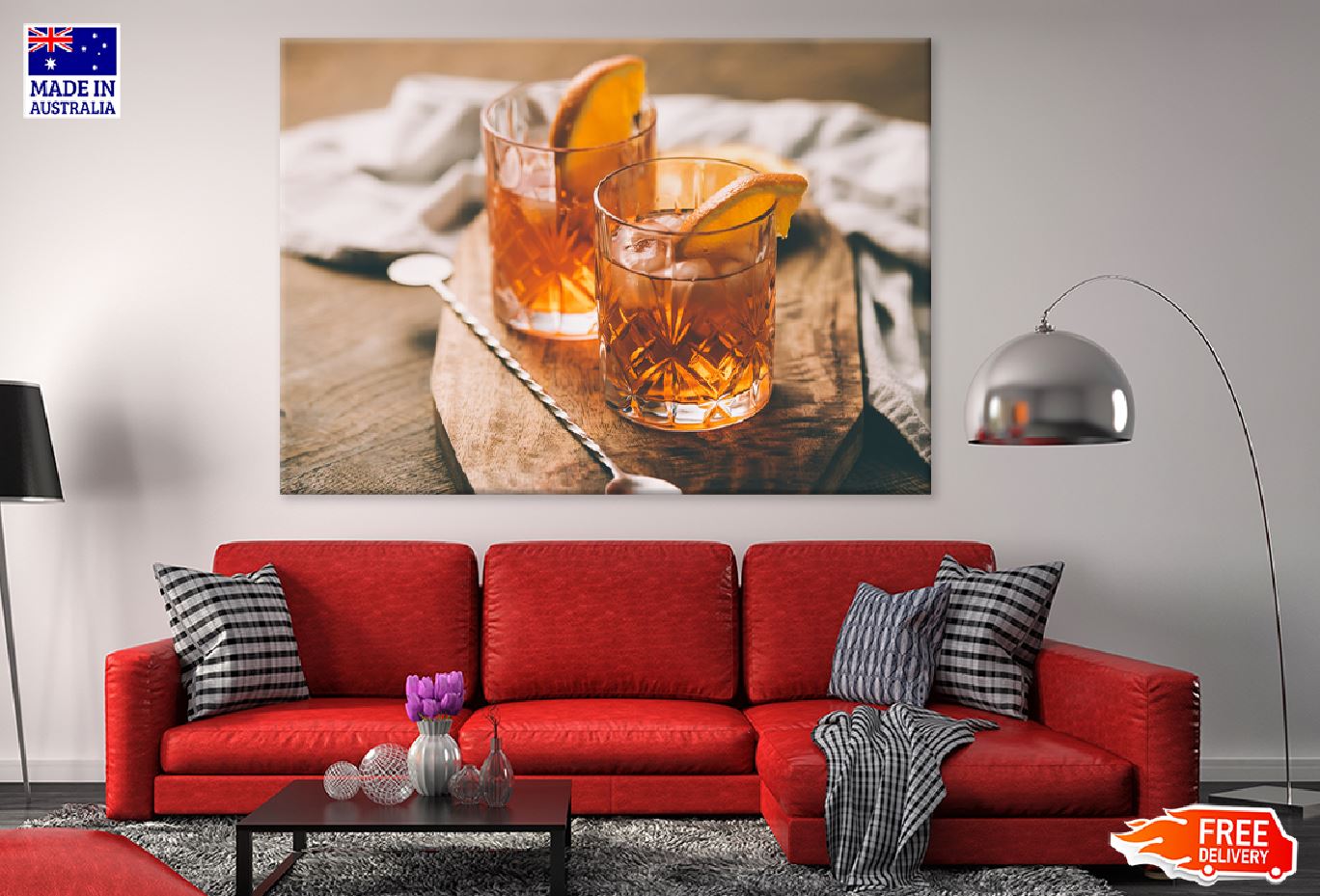 Two Glasses Cocktail with Orange Print 100% Australian Made Stretched Canvas Ready to Hang - 1314