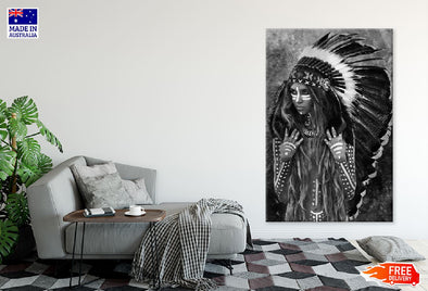 Young Indian Warrior With Feather Headdress B&W Photograph Print 100% Australian Made Stretched Canvas Ready to Hang - 1983