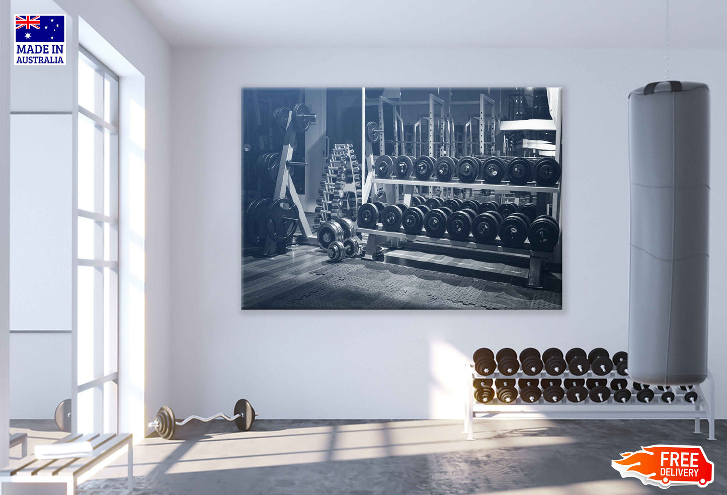 Dumbell Stand in Gym Print 100% Australian Made Stretched Canvas Ready to Hang - 2210