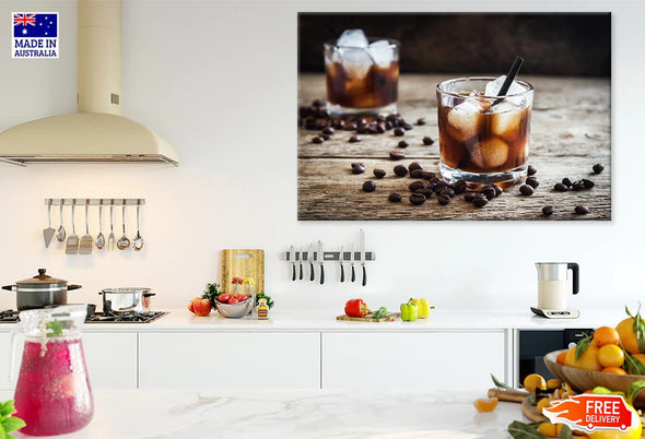 Iced Cofee & Coffee Seeds on Table Photograph Print 100% Australian Made Stretched Canvas Ready to Hang - 2011