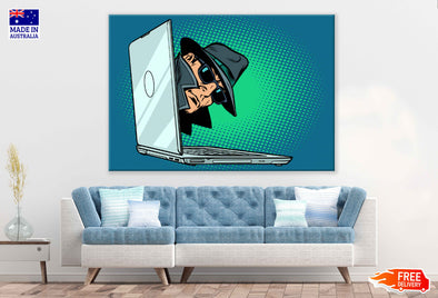 Spy Peeping Through Laptop Illustration Pop Arts & Comic Poster Print 100% Australian Made Stretched Canvas Ready to Hang - 2183