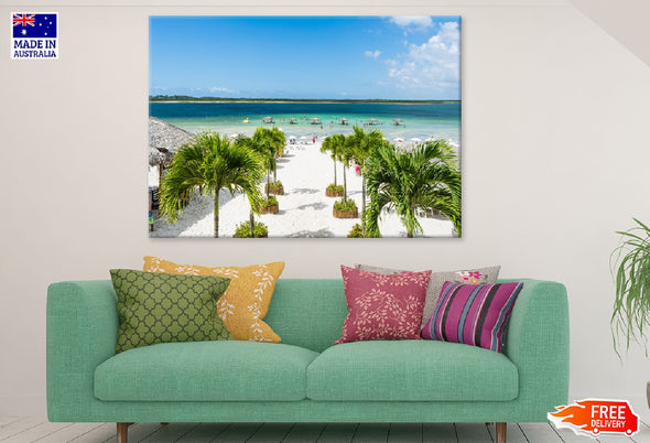 Beach Paradise with Palm Trees Print 100% Australian Made Stretched Canvas Ready to Hang - 1708