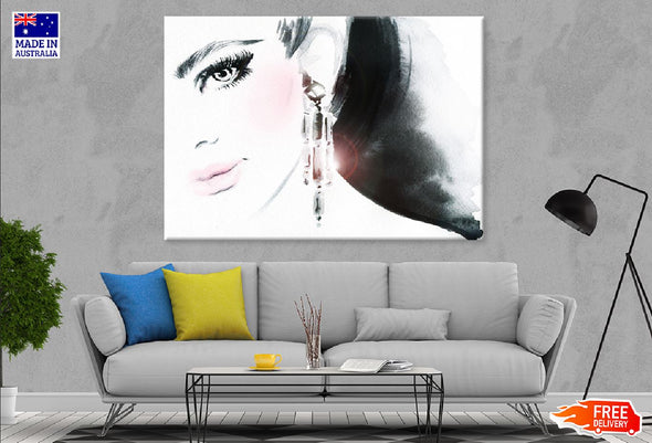 Girl Face & Jewelry B&W Watercolor Print 100% Australian Made Stretched Canvas Ready to Hang - 1315