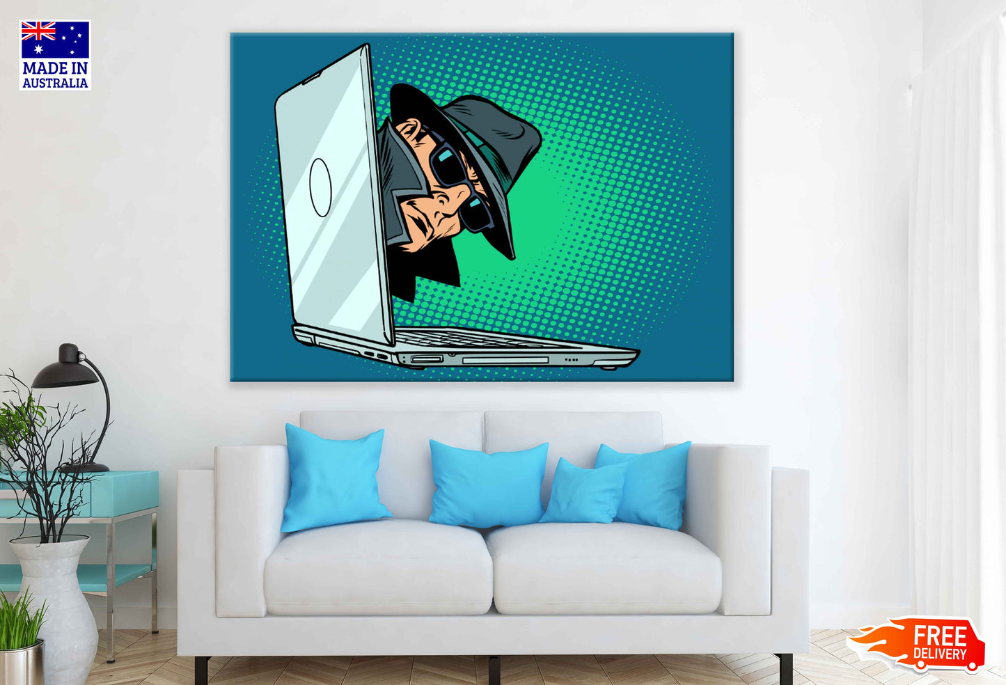 Spy Peeping Through Laptop Illustration Pop Arts & Comic Poster Print 100% Australian Made Stretched Canvas Ready to Hang - 2183