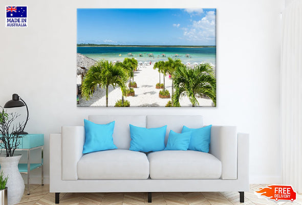 Beach Paradise with Palm Trees Print 100% Australian Made Stretched Canvas Ready to Hang - 1708