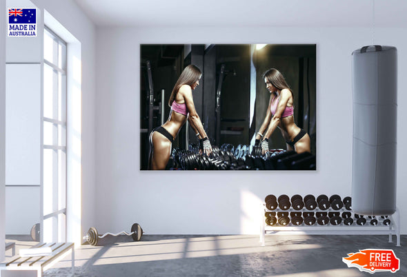 Girl Workout with Dumbells in Gym Photograph Print 100% Australian Made Stretched Canvas Ready to Hang - 2269