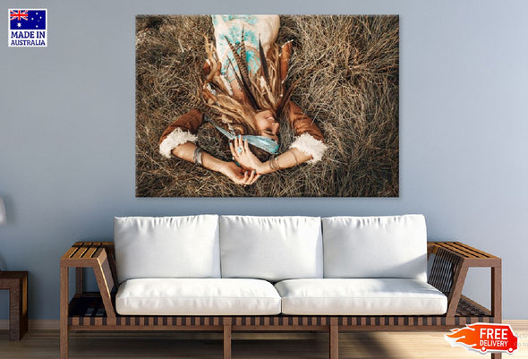 Girl with Headdress Sleeping on Hay Photograph Print 100% Australian Made Stretched Canvas Ready to Hang - 1912