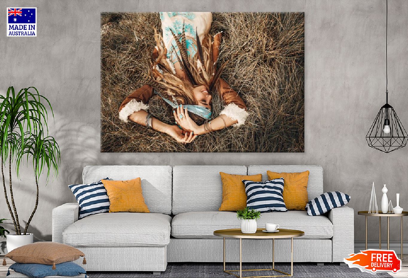 Girl with Headdress Sleeping on Hay Photograph Print 100% Australian Made Stretched Canvas Ready to Hang - 1912