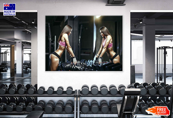 Girl Workout with Dumbells in Gym Photograph Print 100% Australian Made Stretched Canvas Ready to Hang - 2269