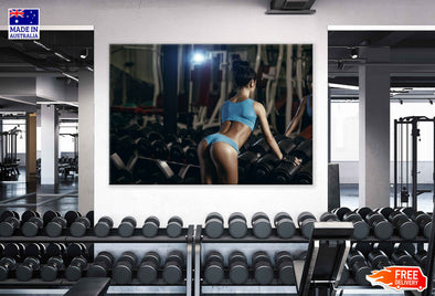 Girl Near Dumbells Row Posing Print 100% Australian Made Stretched Canvas Ready to Hang - 2185